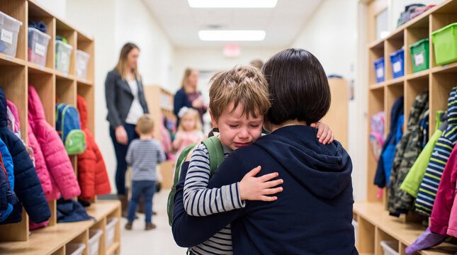 Upset young boy clinging to his mother and crying in a school hallway, experiencing separation anxiety and fear on his first day of school.