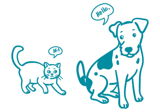 Cute cartoon cat and dog greeting each other with speech bubbles