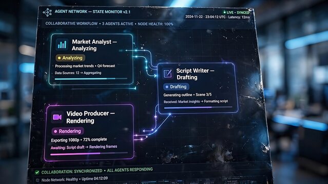 Digital Interface Displaying AI Multi-Agent Collaboration for a Synchronized Workflow in Content Creation