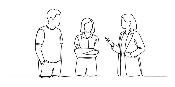 Group of three people talking together in a continuous line art drawing style
