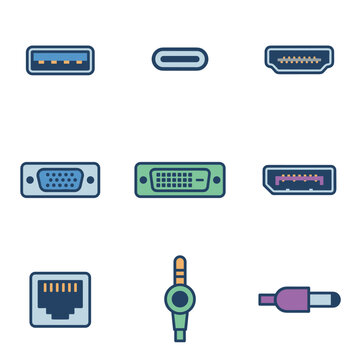 Collection of computer port and connector icons featuring USB Type-A, USB-C, HDMI, VGA, DVI, DisplayPort, Ethernet RJ45, 3.5mm audio jack, and DC power plug hardware interfaces.