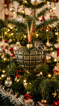 Grenade Ornament Hanging on a Lit Christmas Tree