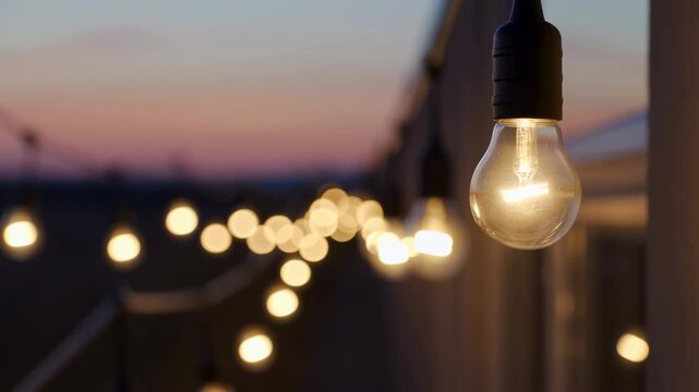 Glowing clear bulb hangs in sharp foreground while a line of warm string lights recedes into soft bokeh beside a building exterior beneath a pink and blue twilight sky