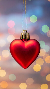 Red Heart Shaped Vintage Retro Bauble Against Colourful Soft Bokeh Lights