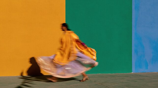 Navratri celebration with a blurred woman in a mirror-work chaniya choli dancing against a colorful wall, leaving generous copy space