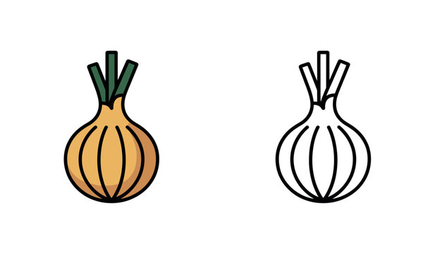 Yellow onion vegetable line art icons in colored and outline coloring book style.