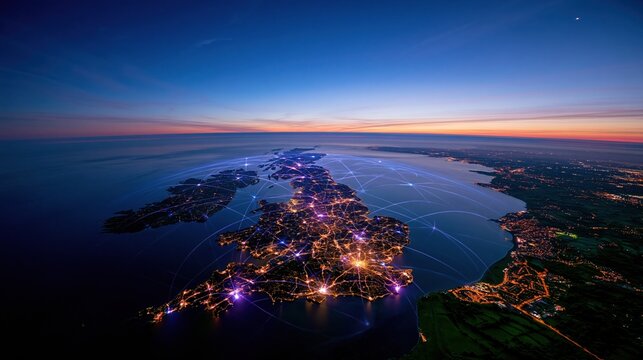 United Kingdom and Ireland map with glowing digital network connections, seen from a wide orbital perspective at twilight for cloud infrastructure and logistics
