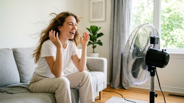 Happy woman sitting on a couch in front of a fan cooling off at home