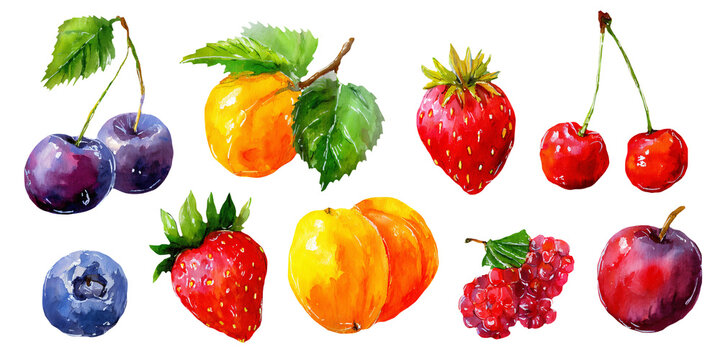 Watercolor illustration clipart cutout png featuring assorted fruits including blueberries, strawberries, cherries, apricots, and raspberries on a white background