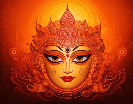 Goddess Durga face with ornate headdress in warm golden light conceptualizing divine power and protection during festival celebrations