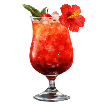 Watercolor illustration of a tropical cocktail garnished with a hibiscus flower and cherries, served in a tall glass with ice, showcasing vibrant red and orange hues