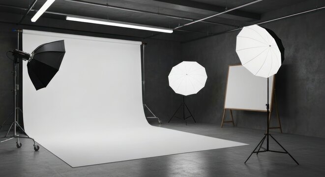 A minimalist photo studio with white backdrop, lighting equipment, and a whiteboard, set against a dark concrete background