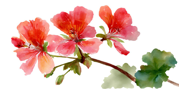 Watercolor illustration of vibrant pink and orange geranium flowers with green leaves, showcasing delicate petals and natural details in a cutout PNG format for design use