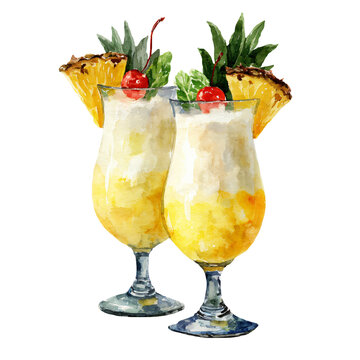 Watercolor illustration of two pina colada cocktails garnished with pineapple slices, cherries, and mint leaves, served in elegant glasses on a white background