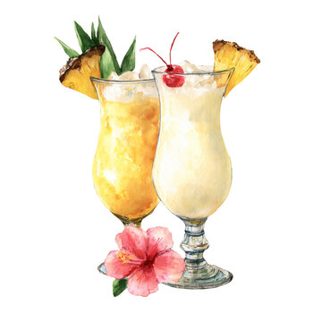 Watercolor illustration of two tropical cocktails, a pina colada and a fruity drink, garnished with pineapple, cherry, and hibiscus flower on a white background