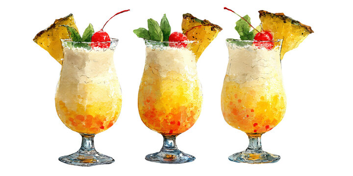 Watercolor illustration of three pina colada cocktails with cherries, pineapple slices, and mint leaves in clear glasses on a white background