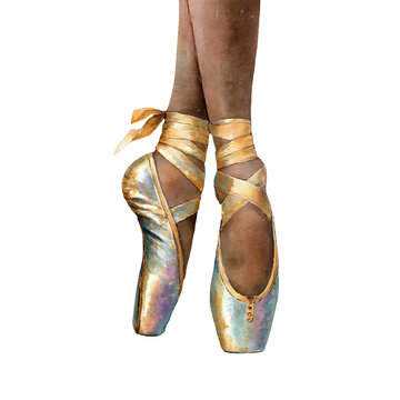 Watercolor illustration of ballet dancer's feet in pointe shoes with golden ribbons, showcasing the elegance of ballet dance in a graceful pose