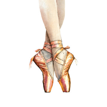Watercolor illustration of ballet dancer's feet in pointe shoes with pink ribbons, showcasing elegant posture and artistry against a clean white background