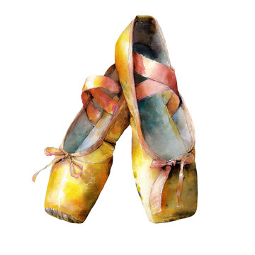 Watercolor illustration clipart cutout of a pair of yellow ballet shoes with pink ribbons, showcasing intricate details and textures, suitable for dance-themed designs and projects