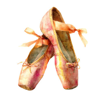 Watercolor illustration of two pink ballet shoes with orange ribbons, showcasing intricate details and textures, suitable for dance-themed designs and artistic projects