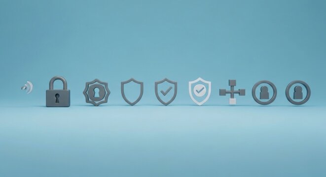 A series of 3D rendered security icons on a light blue background, representing data protection and network security