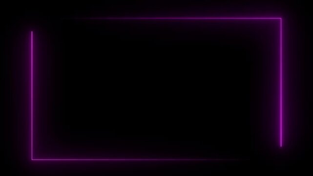 Purple  laser neon glowing light rectangular frame background, repetitive motion animation and flashing. rectangular border abstract background,