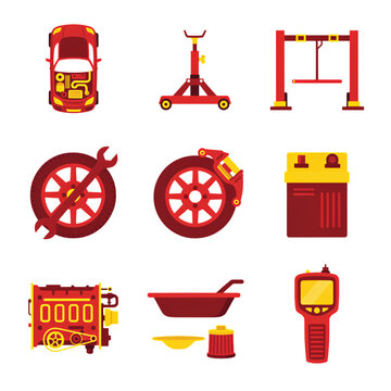Top View Vehicle Repair and Automotive Service Tools Red Yellow Flat Vector Icon Set