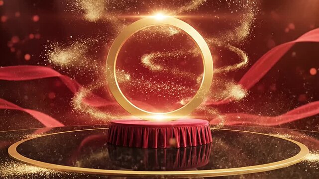 Gold ring and pedestal on red carpet stage.