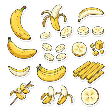 Banana Cutting Styles Sticker Collection &ndash; Slices, Chunks, Sticks, Halves and Pieces