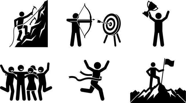 Success and achievement stick figure icons, 6 black vector pictograms of goal attainment, business motivation and sports victory set
