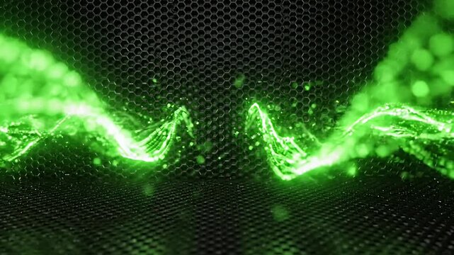 Green glowing particle waves on dark honeycomb texture.