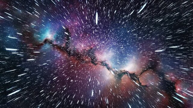 Cosmic nebula light streaks with star field motion during hyperspace travel cinematic perspective