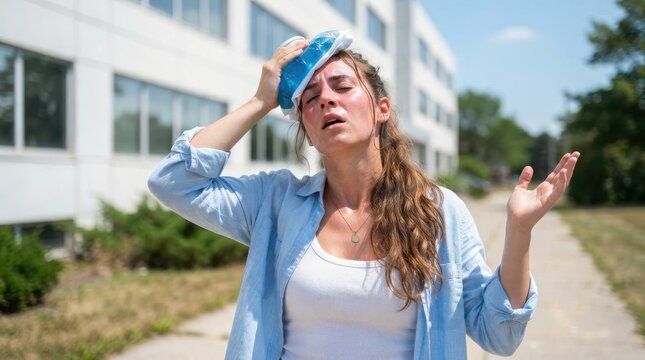 Young woman suffering from heat exhaustion using an ice pack on her head