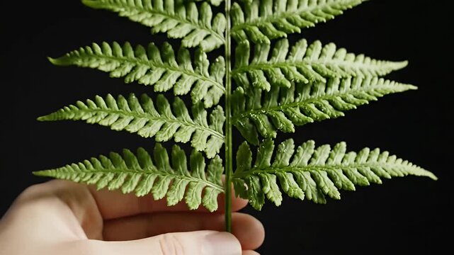 Hand holding green fern frond against black background.