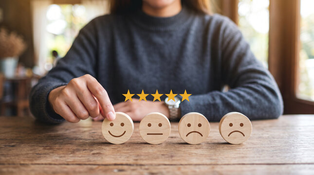 Customer Satisfaction Rating with Five Star Review and Wooden Feedback Emoticons 