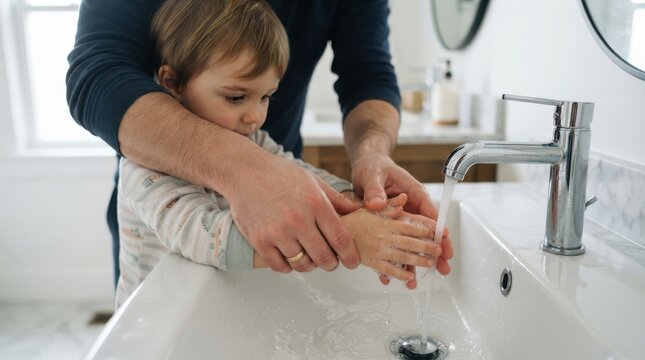 Father helping his toddler son wash hands in bathroom sink