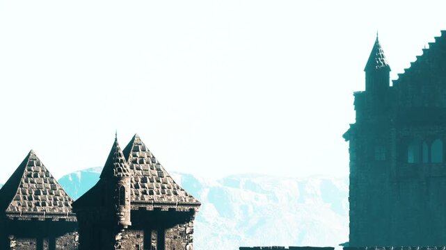 A castle structure is present in the foreground with peaks rising in the background. The sky is bright and the scene depicts a clear day.