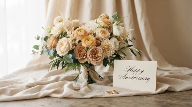 Elegant anniversary bouquet with wedding rings and greeting card