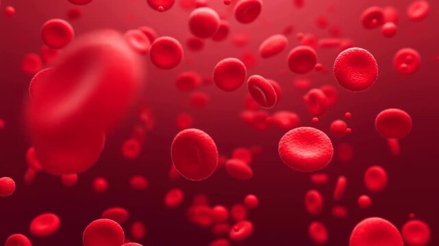 Red blood cells drift and rotate through dense crimson fluid, with disc-shaped forms moving at varied depths as soft focus shifts across foreground and background