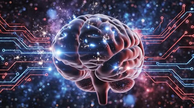 Human brain with neural networks on circuit background.