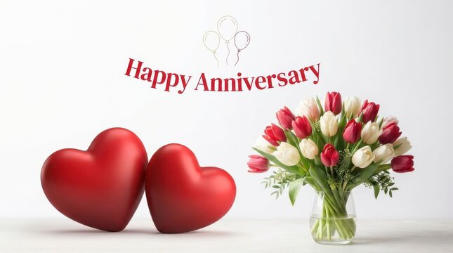 Happy anniversary greeting with red hearts and tulips isolated on white background