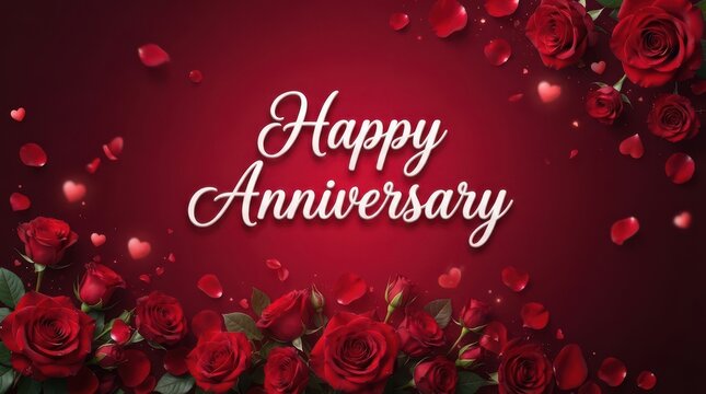 Happy anniversary greeting card with red roses and hearts