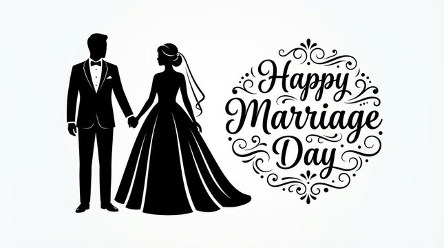 Happy marriage day greeting card with bride and groom silhouette