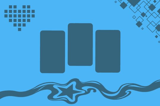 Abstract light blue backdrop featuring three dark blue rounded vertical bars, a pixel heart icon, scattered rhobuses, and wavy star lines below, perfect for gaming or futuristic tech designs.