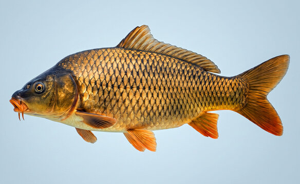 Common Carp Fish Side View Isolated on Light Blue Background
