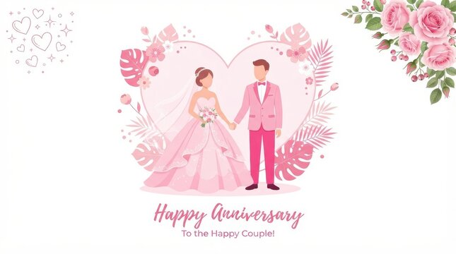 Happy anniversary greeting card with bride and groom illustration