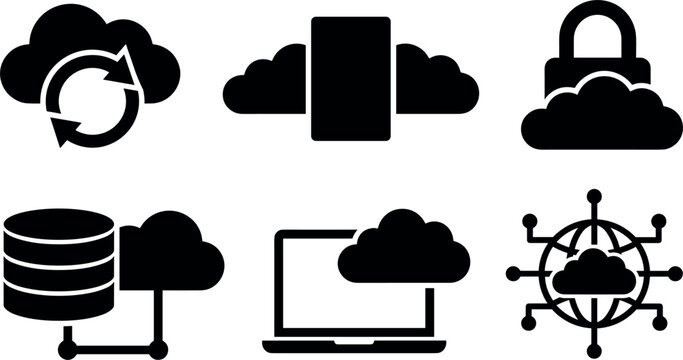 Set of cloud computing icons representing data synchronization, mobile cloud, security, database, laptop connectivity and global network