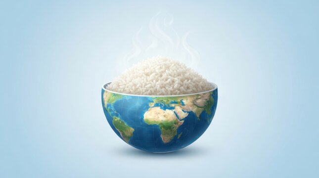 Steaming bowl of white rice shaped like the planet earth