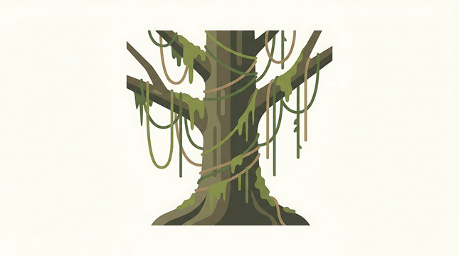 Stylized illustration of an ancient jungle tree with hanging vines and moss
