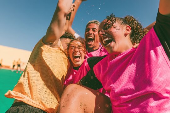Diverse teenage soccer team celebrating in a tight huddle, featuring damp hair and grass stains on a bright field for youth sports and teamwork campaigns